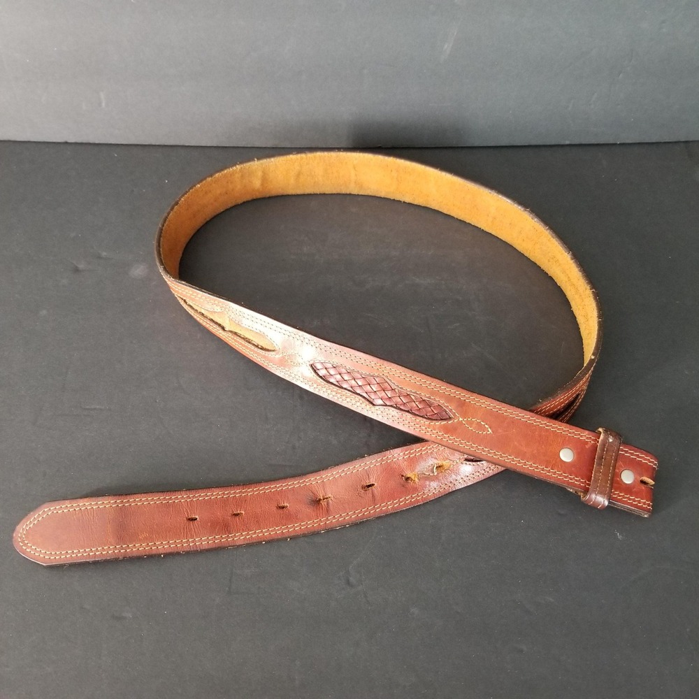 Vintage Brown Leather Basketweave Inlay Western Belt Snap Closure 46.5 Inch - Picture 1 of 8